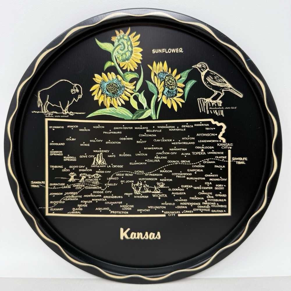 Vintage Kansas State Tray MCM Kitschy Barware Graphic Souvenir Decor Platter